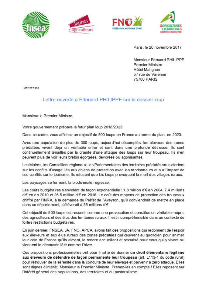 
          Loup : la FNSEA, la FNO, l’APCA et JA interpellent le Premier ministre