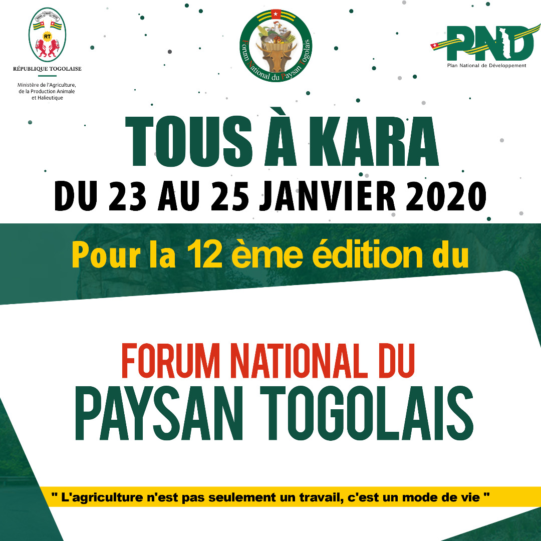 
          Forum agricole: TalkAG présent à la 12ème édition du Forum national du paysan togolais   /   Du 23 au 25 janvier 2020 à Kara (à environ 400 km de Lomé)