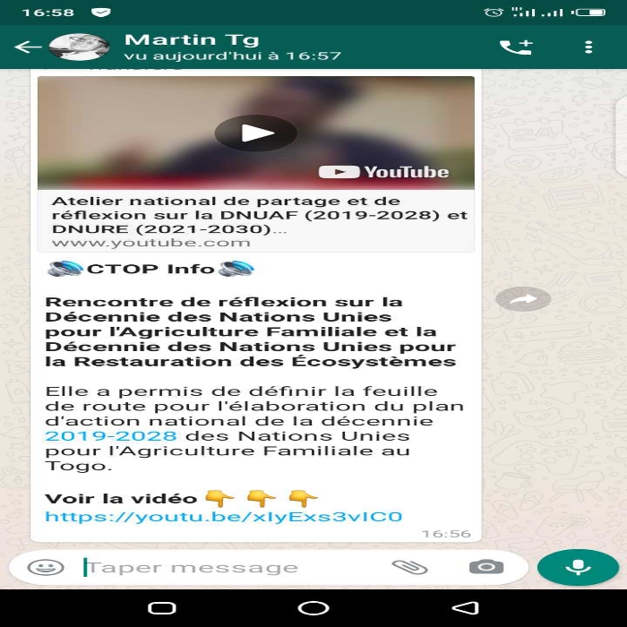 
          A visualiser sur youtube : Rencontre de réflexion sur la décennie des Nations Unies pour l'agriculture familiale et pour ma restauration des écosystèmes.